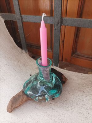 Porta candele in vetro su legno teak
